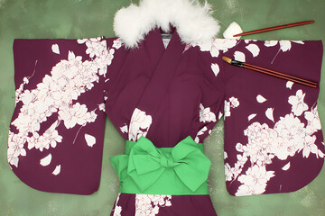 Traditional kimono featuring cherry blossom patterns, vibrant colors, and elegant design