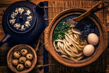 Warm udon noodles in clay pot with eggs and greens create cozy countryside meal