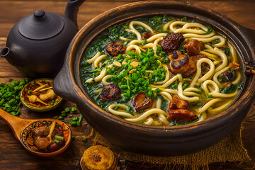 Warm udon noodles in clay pot with greens and toppings create cozy atmosphere
