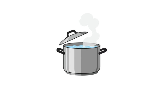Illustration of a silver pot of boiling water with the lid partially open releasing steam