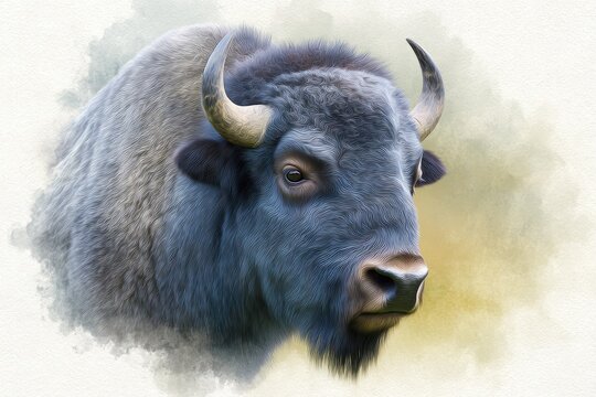 Bison head portrait with textured fur and horns buffalo