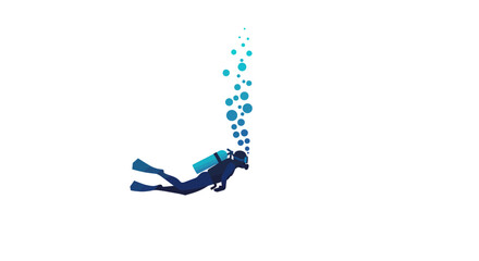 Silhouette of a scuba diver ascending with blue bubbles rising above