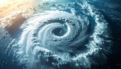 Stunning aerial view of a massive hurricane swirling over the ocean, showcasing swirling clouds and impressive detail. Sunlight highlights the storm