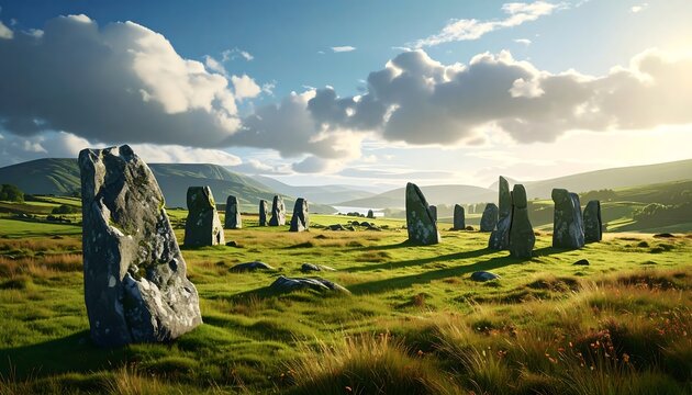 Standing stones form an ancient circle amidst rolling green hills under a partly cloudy, bright sunny sky