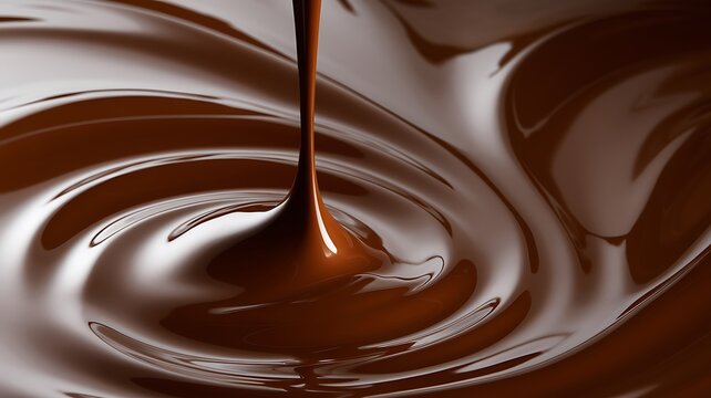 Molten dark chocolate being poured into a swirling pool, creating ripples and waves of rich, glossy liquid, a decadent and luxurious dessert ingredient