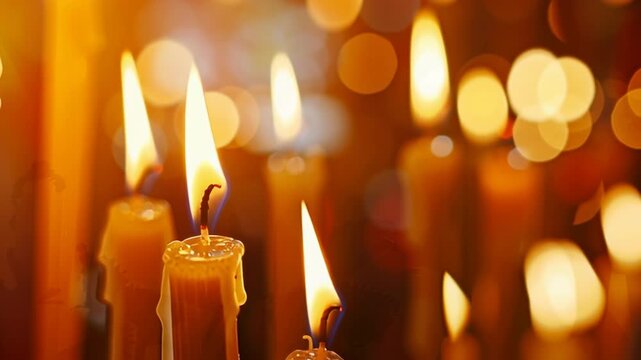 Orthodox Christmas with burning candles en Orthodox church. Candlelight flicker: warm glow and tranquil ambiance with bokeh effect