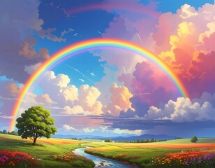 Colorful digital illustration features rainbow arcing over idyllic vibrant landscape, sunlit, river