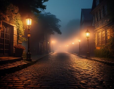 a foggy cobblestone street at night illuminated by old fashioned street lamps creating an eerie scene
