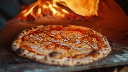 Appetising pizza with succulent toppings is baked in a hot oven, emphasising the atmosphere of cosiness and home warmth — the ideal backdrop for advertising restaurants or culinary blogs.
