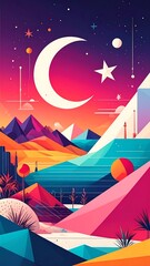 Colorful digital illustration features crescent moon, star, geometric mountains, and vibrant sky