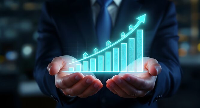 Businessman Holding Glowing Digital Chart Representing Financial Growth and Success.