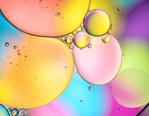 Colorful, abstract macro shot of oil and water creating vibrant, overlapping circular bubbles