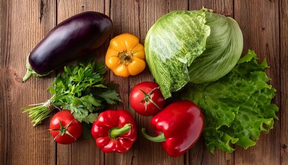 an overhead shot of fresh vegetables including tomatoes peppers eggplant and lettuce on a wooden surface