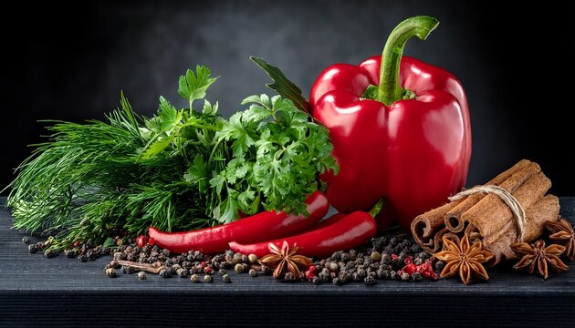 aromatic spices still life featuring red pepper cinnamon black pepper and fresh herbs arranged creatively
