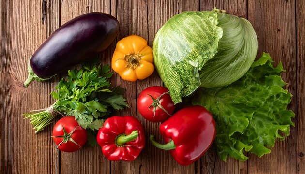 an overhead shot of fresh vegetables including tomatoes peppers eggplant and lettuce on a wooden surface - Powered by Adobe