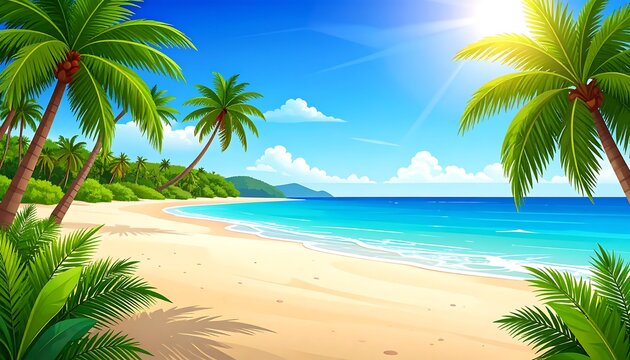 Sunny tropical beach scene with palm trees, bright blue water, and a clear sky, evoking vacation vibes
