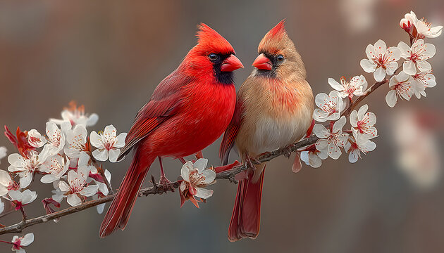Two cardinals male and female perch on blooming cherry tree branch. Red bird and brownish bird sit close together in soft pastel light. Spring nature scene with vibrant avian life and floral blossoms.