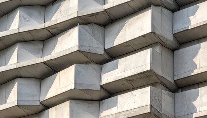 Geometric facade with protruding, interlocking rectangular shapes. Shadow play on stone
