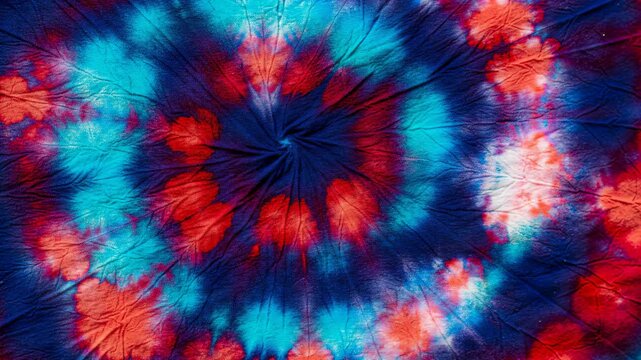 Colorful tie-dye fabric with red, blue, and teal. Abstract background pattern for apparel and art
