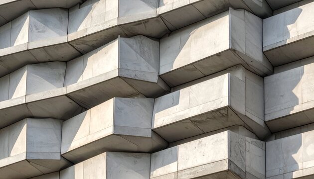 Geometric facade with protruding, interlocking rectangular shapes. Shadow play on stone