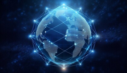 connected world global network communication concept with light connections in dark blue starry space