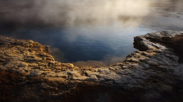 Steaming geothermal spring with mineral rich waters and golden lit rocky edges at dawn