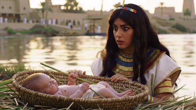 Egyptian woman reacts to baby in a basket by the river, with figures in the background. Use for biblical stories