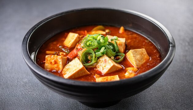 delicious and appetizing korean tofu stew served in a traditional black stone bowl ready to eat