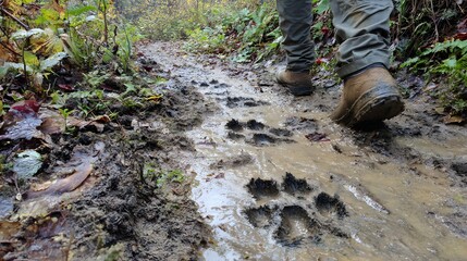 Fototapeta premium Close up of human boots and wild animal paw prints in the mud on a forest hiking trail