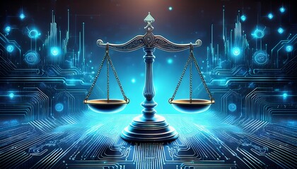 digital justice a futuristic scales of justice on a blue circuit board technology background