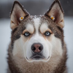 Obraz premium Striking Siberian Husky Portrait with Blue Eyes, Decorated with Snowflakes and Small Daisy Flowers.