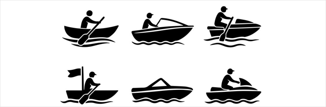 Boating, Kayak, and Jet Ski Vector Icons Set - Water Sports