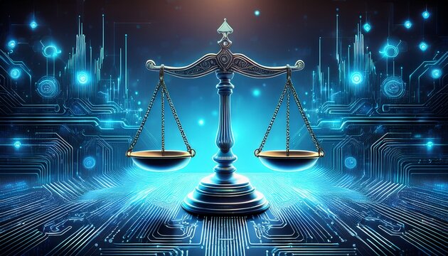 digital justice a futuristic scales of justice on a blue circuit board technology background