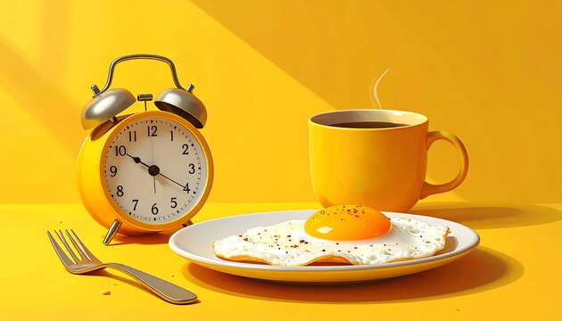 Sunny yellow setting features a fried egg on a plate, steaming coffee, and a retro alarm clock. Breakfast scene - Powered by Adobe