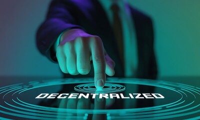 Persons Finger Pressing Decentralized Button, Futuristic Technology Concept.