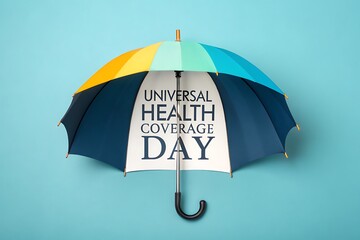 Universal Health Coverage Day Sign Under Colorful Umbrella Frame for Global Health Campaign

