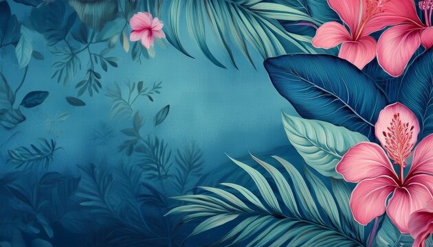 exotic pink and blue botanical design tropical leaves and flowers on a textured blue backdrop for summer and nature inspired decor