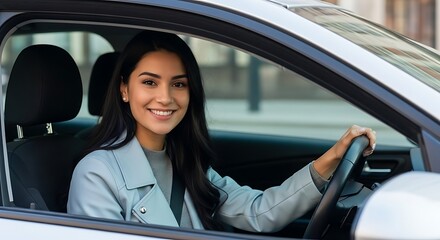 Smiling woman driving a car looking at camera enjoying road trip