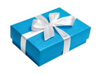 Blue gift box with white ribbon bow isolated on transparent background