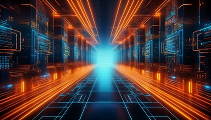 futuristic data center visualization with glowing orange lines and blue grid structure creates a strong visual depth