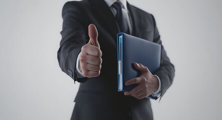 Businessman in Suit Giving Thumbs Up Holding a Notebook, Success Concept.