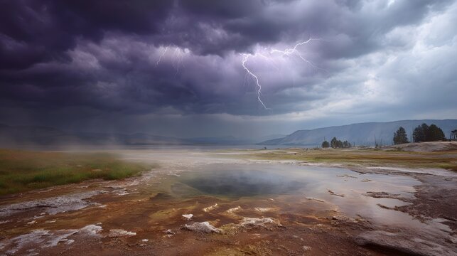 Dramatic thunderstorm with lightning above a steaming geothermal hot spring and mineral deposits