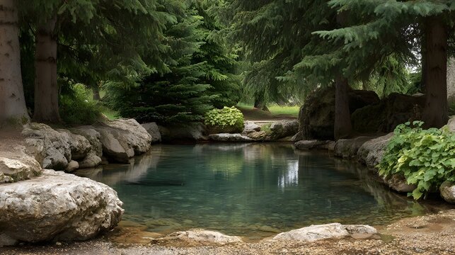 Serene forest pond with crystal clear water and surrounding rocky landscape