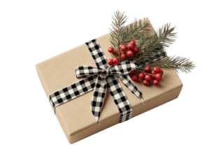 Christmas gift box with black checkered ribbon pine branch and red berries isolated on transparent background