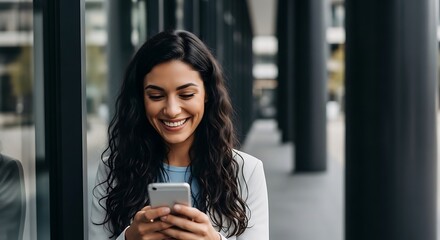 Happy young woman uses smartphone outdoors smiling while texting or browsing social media enjoying m