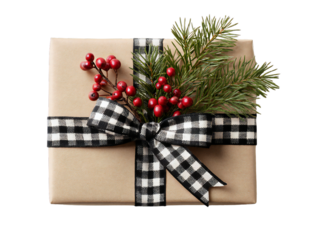 Christmas gift box with black checkered ribbon pine branch and red berries isolated on transparent background