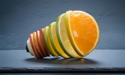 Creative Fruit Art - A Colorful Lightbulb Made of Sliced Fruits on a Dark Surface.