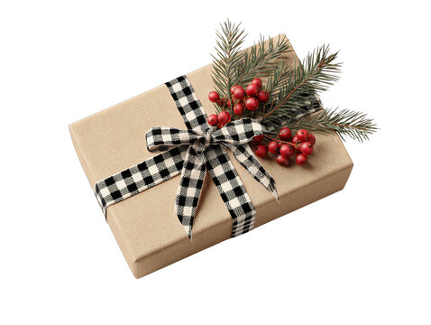Christmas gift box with black checkered ribbon pine branch and red berries isolated on transparent background