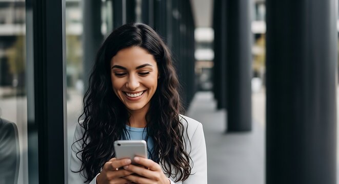 Happy young woman uses smartphone outdoors smiling while texting or browsing social media enjoying m