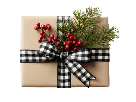 Christmas gift box with black checkered ribbon pine branch and red berries isolated on transparent background